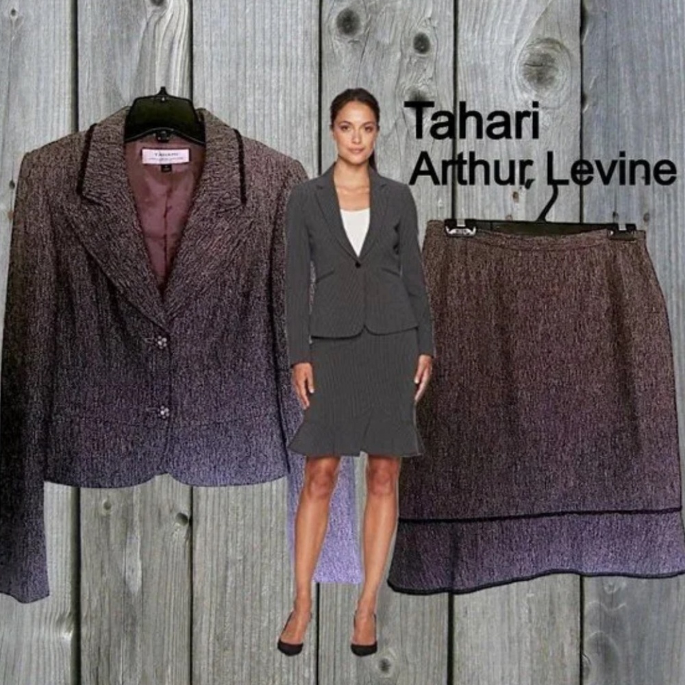 Tahari Suit Pink Black Grey Tweed Peplum Blazer